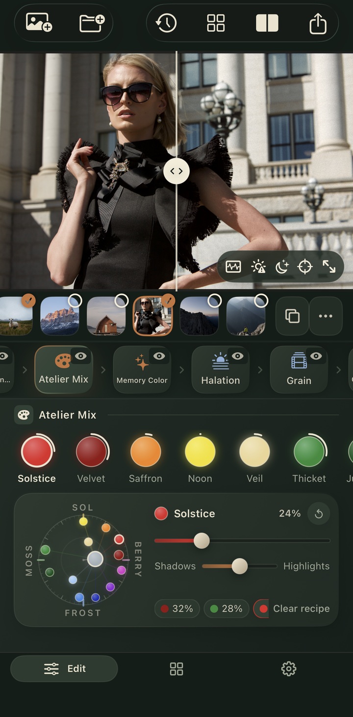 FARGLO layer-based grading workspace showing photo, layers, and color controls